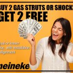 Advertisement: excited woman holding cash with bold offer text 'BUY 2 GAS STRUTS OR SHOCKS GET 2 FREE' for Meineke on an orange background (mentions installation).